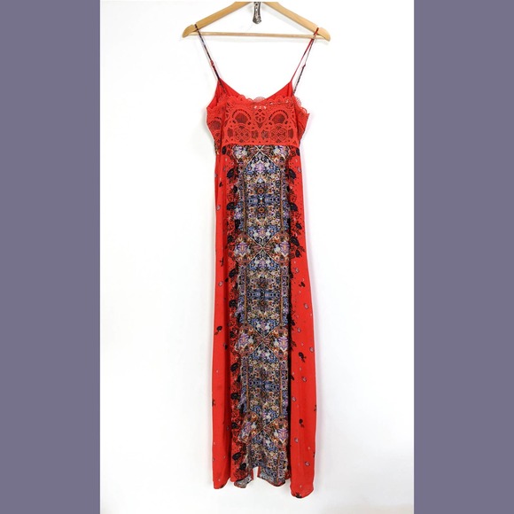 Free People Size M Womens Morning Song Printed Maxi Dress Orange Red Multicolor - Picture 9 of 12